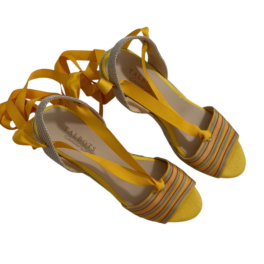Talbots Espadrille Wedge‎ Sandals Size 9 Yellow Red Ribbon Tie Up Ankle Stripe
